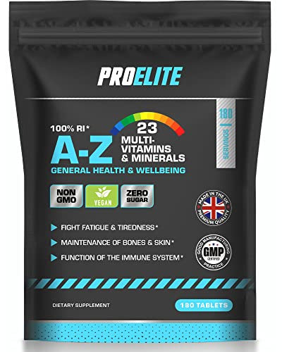 Multivitamins & Minerals - 180 Vegan Tablets - One a Day 100% RDA - 23 Essential Vitamins & Minerals in A-Z Multivitamin Tablet - Made in The UK by PROELITE