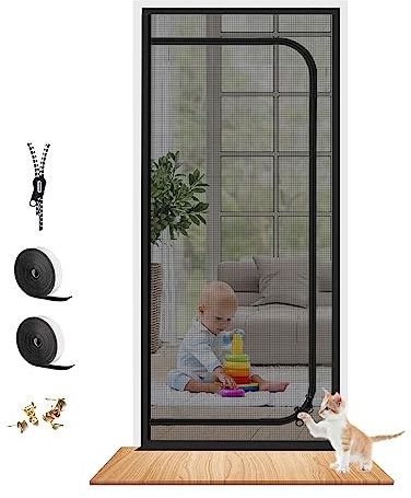 Upgraded Reinforced Pet Screen Door Thickened Cat Resistant Mesh Screen Door for Living Room, Bedroom, Patio, Dog Cat Scratch Proof Screen with Zipper Closure (Fits Door Size up to 35''x 80'', Black)