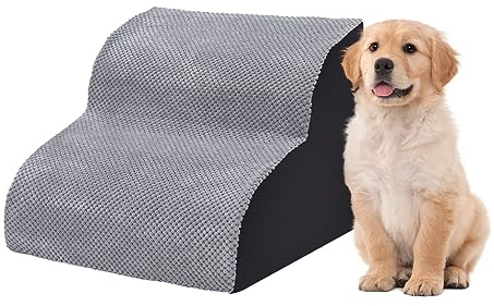 Fellie Dog Steps for Sofa and Bed - Portable 2-Step Ramp with Washable Cover, High-Density Foam, Non-Slip for Small Dogs and Cats, Grey, 40x39x31cm