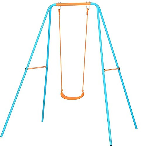 Outsunny Altalena da Giardino con Seggiolino e Picchetti, in Acciaio per Bambini 3-8 Anni, 163x145x181cm, Blu e Arancione