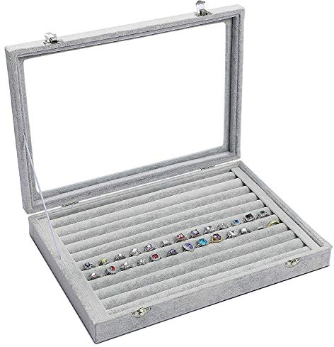 EONGOA Jewelry Tray Ring Organizer Box with Clear Lid Velvet Tray for Jewelry Storage Display Case, 10 Slots Can Hold 100 Rings Earrings Dustproof Necklace Jewelry Box Organizer & Tray (Grey)