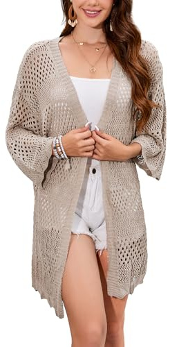 Famulily Cárdigan de ganchillo para mujer, manga 3/4, parte delantera abierta, casual, para verano, salida de baño, caqui, XL