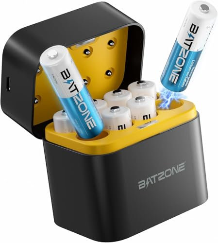 BATZONE Pilas Recargable AA de Litio con Cargador, 3000mWh Capacidad Alta Paquete de 8 Salida Constante de 1,5 V Pilas AA Recargables, Portátil Pilas Recargables para Ratón,Gamepad, Cámara