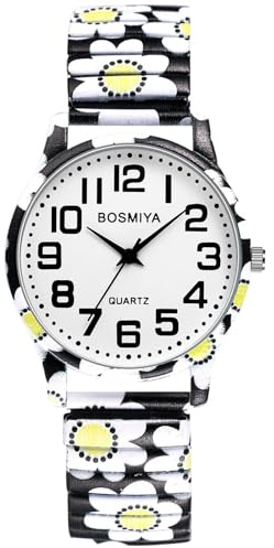 Oidea Stretch Band Watches for Women: Bohemian Elastic Strap Analog Quartz Wrist Watch Large Face Arabic Numerals Easy Reader Watches Casual Ladies Bracelet Watch