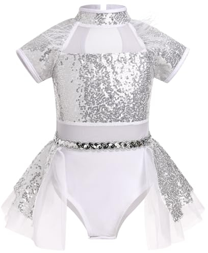 ODASDO Girls Shiny Sequins Ballet Dance Leotard Kids Mock Neck Short Sleeve Feather Tutu Dress Child Hip Hop Latin Jazz Stage Performance Circus Acrobat Gymnastics Jumpsuit Silver 11-12 Years