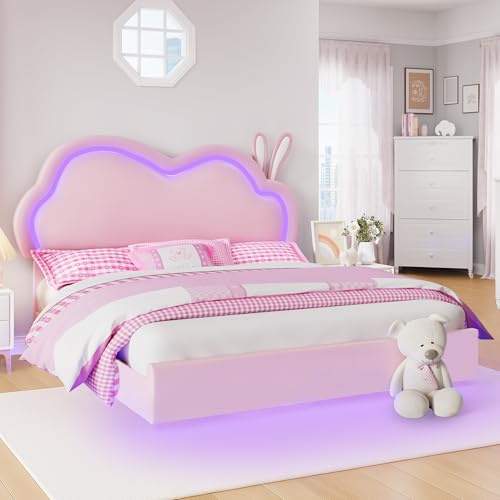 Jocisland LED Full Bed Frame for Girls Upholstered Floating Bed with Cute Cloud Headboard, No Box Spring Needed, Leather, Pink