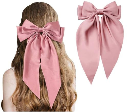 Clip per capelli con fiocco rosa, grande fiocco in tinta unita, per capelli in raso setoso da donna, lunga coda francese, accessori per capelli per ragazze