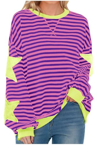 Free People Oversized Sweatshirt for Women Striped Star Pullover Tops Drop Shoulder Long Sleeve Sweatshirts Y2k Tops Loose Fit Casual Blouses Pullovers Baggy Lightweight Tops Spring Fall Blouse