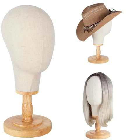 DaizySight Canvas Wig Stand Mannequin Head for Hat Display, 21 Neutral Canvas Head with Detachable Wooden Base, Display Headdress Helmet Bridal Veil Wedding Headpiece Glasses Headdbands, Unpinnable