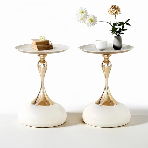 Ginhow Tavolino Piccolo da Salotto, Tavolo da Salotto Moderno di Lusso, Tavolino da Esterno Basso per Soggiorno, Camera da Letto, Balcone, Ø40cm Beige+Oro (2 Pezzi)