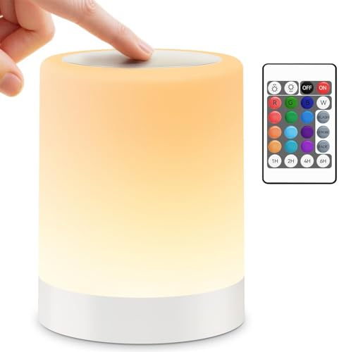 Auxmir Lámpara de Mesita de Noche 3000mAh, Táctil y Remoto, Blanco