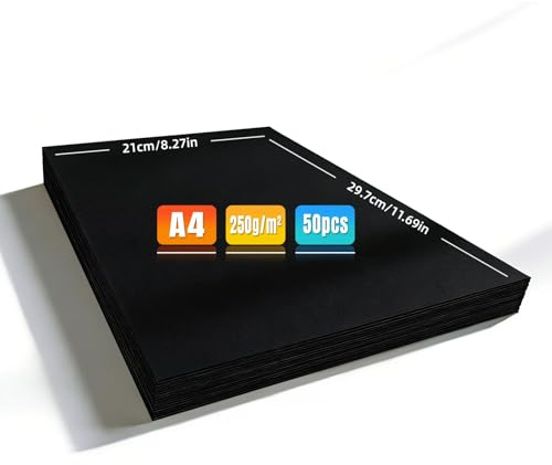 Nasxkji Cartoncino fotografico formato A4, liscio e delicato, carta spessa, 50 pezzi, colore nero, 250 g/m², carta di cartone A4, 297 × 210 mm, per stampe fai da te, disegno, scarabocchiare, fai da te