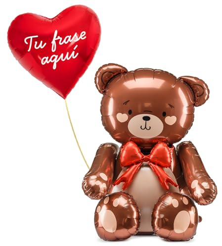 OH YEAH - Globo San Valentín PERSONALIZADO - Globo Foil Corazón + Globo Foil Oso Marrón - Decoración Romántica - San Valentín, Aniversario y Amor - Regalo Personalizado - Apto Helio - ELIGE TU FRASE