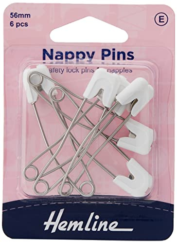 Hemline - Spille di Sicurezza a Pressione per Pannolini Bambino Chiusura di Sicurezza Testa 56 mm Tutti i Colori, White, Confezione da 6