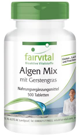 Fairvital | Algen Mix mit Gerstengras - 500 Tabletten - VEGAN - Spirulina, Chlorella und Gerstengras ohne Zusatzstoffe