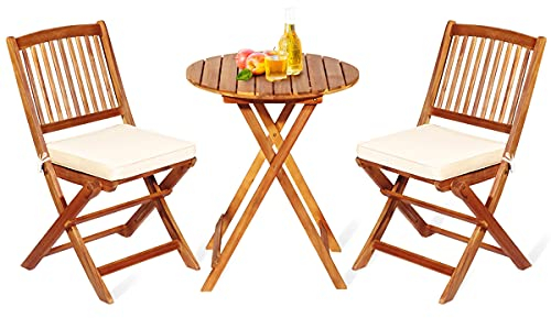 RELAX4LIFE 3-teiliges Outdoor-Möbelset, Sitzganitur Akazienholz, Balkonset: 1 Tisch und 2 Stühle, Gartenmöbel klappbar, inkl. 2 Sitzkissen mit Bindeschnur, Kissenbezüge abnehmbar, Garten Terrasse Park