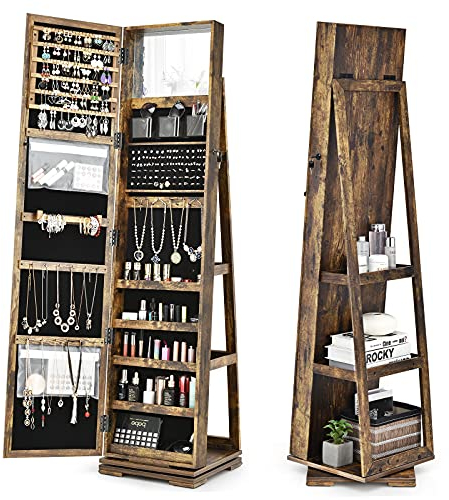 GOPLUS 3 in 1 Schmuckschrank mit spiegel, Spiegelschrank stehend, 360°drehbar, abschließbar, Standspiegel Schmuck Organizer mit großem Stauraum & Ablagefächern für Schlafzimmer (Braun)