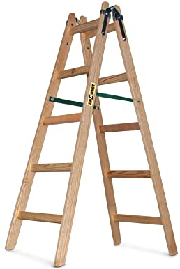 DRABEST - Holzleiter - für Malerarbeiten - 2X 5 Sprossen - m lang - bis 150 kg - Arbeitshöhe 1,53m 3 m - Klappbar - Tritt-, Bock-, Stehleiter - Beidseitig Begehbar, Imprägniert - mit Eimerhaken