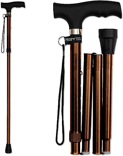 ProBytes Foldaway Cane - Ergonomic Designer Walking Stick. Height Adjustable 82-92 CM, Metal Alloy Body, Non-slip Rubber Base, Easy Grip Derby Handle, Four Fold Mobility Aid, Collapsible – Bronze