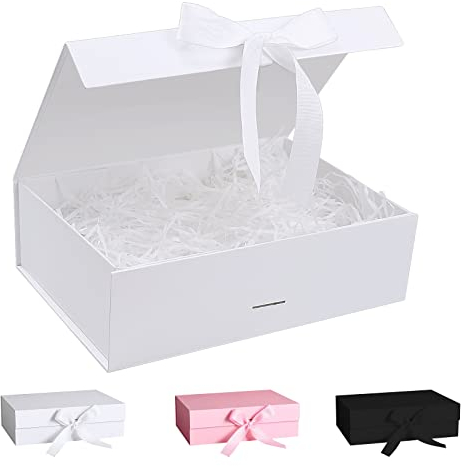 Magnetische Geschenkbox mit Schleife, Deckel und Schleifenband - Mit Geschreddertem Papier für Hochzeit, Geburtstag, Weihnachten, Jubiläum (Weiß, 23 * 17 * 7cm)