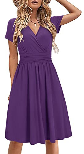 STYLEWORD Damen Sommerkleid Kurzarm V-Ausschnitt kleider Einfarbig kleid Strandkleid Mit Taschen(Violett,Mittel)