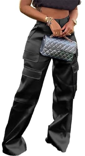 NRTHYE Women High Waisted Satin Cargo Pants Wide Leg Casual Pants Multi Pockets Straight Trousers