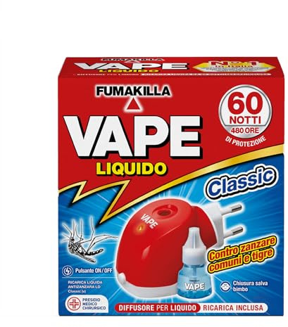 Vape Diffusore Liquido Antizanzare + Ricarica Liquida Classic 60 Notti 30 ml, Diffusore Elettrico per Zanzare, Antizanzare con Ricarica Efficiente 480 Ore, Protezione Contro Zanzare Comuni e Tigre