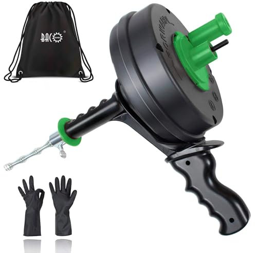 BACOENG 25Ft Drain Auger, Heavy Duty Plumbing Snake with Drill Adapter, Use Manually or Powered for Drain Clog, Toilet, Shower Sink, Comes with Gloves and Bag (Green)