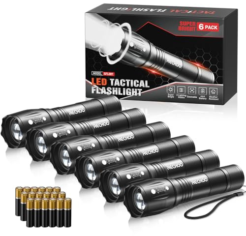 RECHOO 6Pack LED Flashlight, Bright Small Flashlights High Lumens with 3 Modes, Pocket Mini Flashlight Battery Powered, Flash Light Adjustable Focus, Waterproof Flashlights for Home Emergency Camping