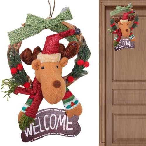 Weihnachts-Türkranz, Weihnachtskränze für den Außenbereich | Weihnachtskranz, Willkommensschild, Winterkranz,30 cm, Heimdekoration, Weihnachtsschmuck, Weihnachtsmann, Elch, Puppe, Türkranz