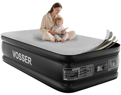 VOSSER Doppel-Luftmatratze mit integrierter Pumpe, 45,7 cm Schaumstoffauflage, aufblasbare Luxus-Matratze, 2 Minuten, Selbstaufblasung/Luftablassung, atmungsaktiv und flach für Camping, Zuhause und