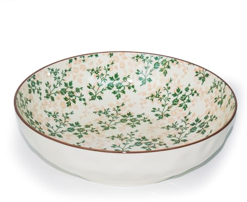 Ronanemon Large Serving Bowls, 78 Oz Extra Large Salad Bowl, Green Floral Pattern Design Decorative Bowls for Salad, Fruit, Pasta and Dinner, Serving Dishes for Party, Dishwasher & Microwave Safe