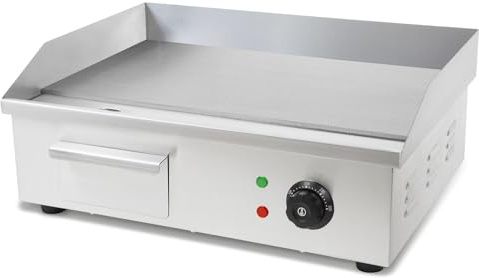 VERTES Plancha professionale 3000W in acciaio inox (superficie di cottura liscia 55x35cm, termostato, temperatura 50-300°C, protezione contro schizzi e calore, vaschetta di raccolta)