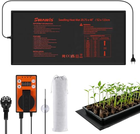 SWAWIS Värmematta för Växter 130W, 52,7x121,9 cm, med Friliggande Termostat 5-42°C, IP67 – Inkl. Förvaringspåse, för Växthus & Terrarier