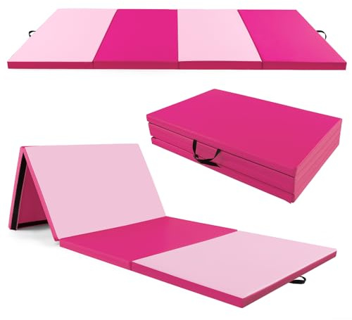 COSTWAY Tappetino Palestra Pieghevole a 4 Pannelli, Tappetino Ginnastica 300 x 117 x 5 CM con Maniglie e Chiusure a Strappo, per Ginnastica, Yoga e Stretching (Rosa e Rosa Scuro)