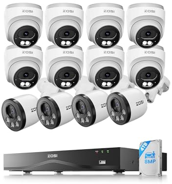 ZOSI 4K Kit Cámaras de Vigilancia PoE Exterior 16CH Grabador NVR Sistema con 12x 8MP CCTV Cámara de Seguridad IP, Visión Nocturna, Detección y Alarma de Persona/Vehículo, 4TB Disco Duro Incluido