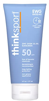 Protector solar SPF 50 ThinkSport 177 ml (6 oz) - Fórmula de óxido de zinc mineral más segura - Ideal para todos los deportes y actividades al aire libre - Ingredientes no tóxicos