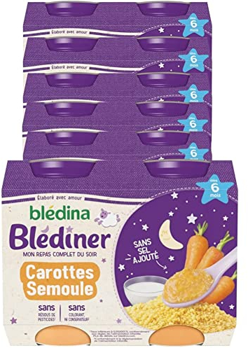 Blédina - Blédîner - 12 petits pots pour bébé - Carotte Semoule - dès 6 mois - Pack de 6x2