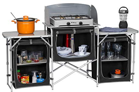 BERGER Cuisine de camping pliable XL - Légère - Avec plan de travail en aluminium enroulable - Protection contre le vent et sac de transport - Armoire pliante stable avec structure en aluminium et