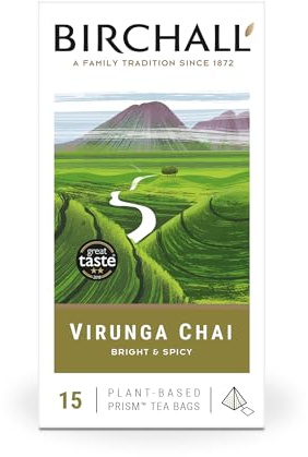 Birchall Tea Bags, Virunga Chai, Spiced Black Tea Bursting with Spicy Flavors, Gift For Tea Lovers, 1 Pack of 15 Plant Based Prism Tea Bags