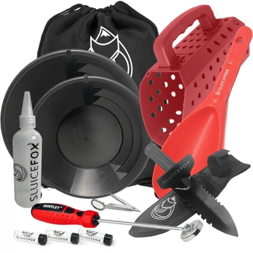 Sluice Fox Beach Gold Digger Set – Gold Pan Kit, Serrated Digger, Pocket Sluice, 35lb Black Sand Magnet, 9 Vanishing Riffle Gold Pan, Sand Sifter Scoop, Snifter Bottle & Vials