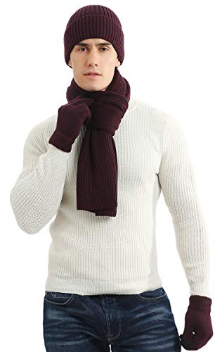LAUSONS Coordinati Invernali da Uomo, Cappelli Invernali con Foderato in Pile Guanti Touch Screen e Sciarpa Maglia Vino