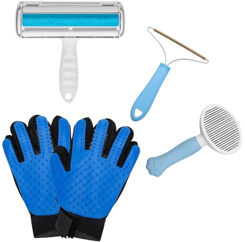 5 Stück Haustier Bürsten set,Möbel Haustier Haar Entferner Mitt*2,Hunde Katzen Bürste für Langhaar/Kurzhaar,Tierhaarentferner Fusselrolle für Sofa,Bett,Wiederverwendbarer Doppelter Fusselentferner
