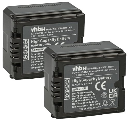 vhbw 2X batería reemplaza Panasonic VW-VBG130 para cámara de vídeo, videocámara (1000mAh, 7,2V, Li-Ion) con Chip