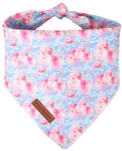 Unique style paws Summer Pink Flower Dog Bandanas Pet Scarf for Boy and Girl Premium Durable Fabric Colorful Blue Flowers Dog Kerchief for Medium and Large Dogs L