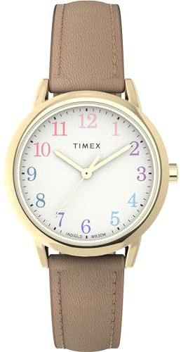 Timex Easy Reader Damen-Armbanduhr, 30 mm, hellbraunes Armband, weißes Zifferblatt, goldfarbenes Gehäuse TW2W32400