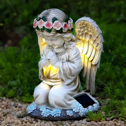 Tuzsocr Statue du Jardin des Anges, Figurine d'ange Priant, Sculpture Ange Gardien avec Lampe LED Solaire, Auto-on, Ange Tombe pour Terrasse, Pelouse, Cour, Pendaison de crémaillère, Funèbre
