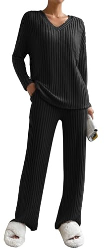 Yutdeng Conjunto Punto Mujer Invierno 2 Piezas Jersey Cuello V Pantalón Recto Traje de Casa Pijamas Manga Larga Acanalado Conjunto Deportivo Casual