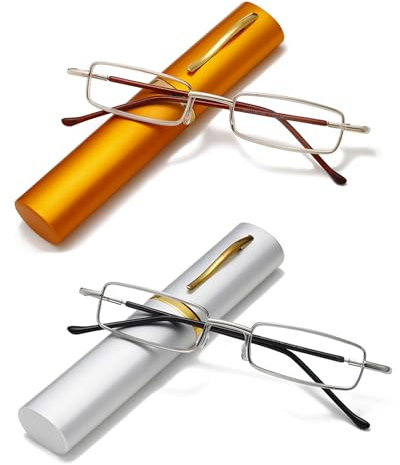 Hubeye 2 Pairs Slim Portable Reading Glasses for Men Women Metal Pocket Readers Glasses Lightweight Compact Blue Light Blocking Glasses in Tube Case 2.00
