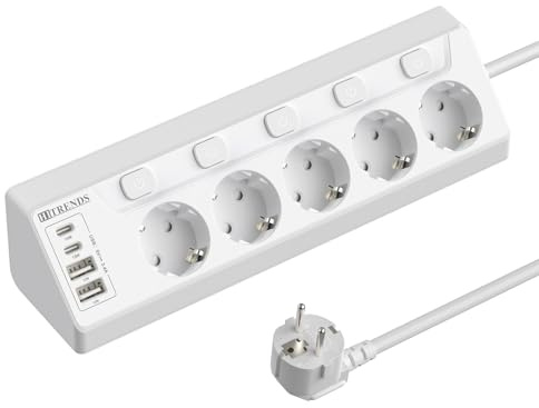 Vinkeluttag med 5 uttag med 4 USB C-portar, bordsuttag med USB C, skrivbordsuttag, väggmontering med individuell omkoppling, 2 m, vit